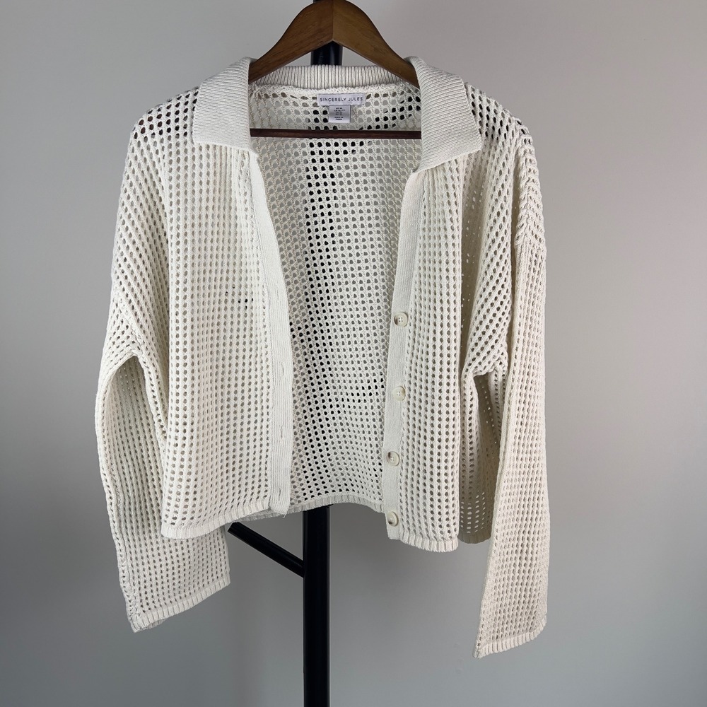 Sincerely Jules Open Knit Cardigan Ivory Mesh Button Front Sweater XL Minimalist